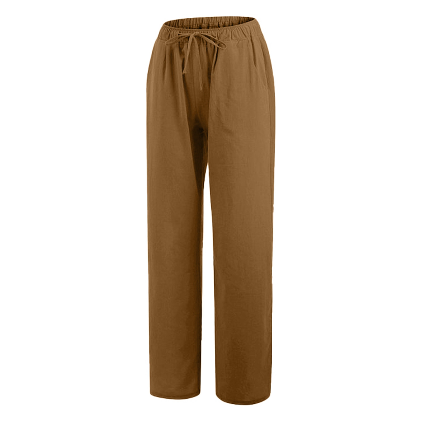 thumbnail image 4 of Pantalones casuales de lino con cintura ancha y cordón largo para mujer - Pantalones elásticos de cintura alta y pierna ancha en color liso, 4 of 6